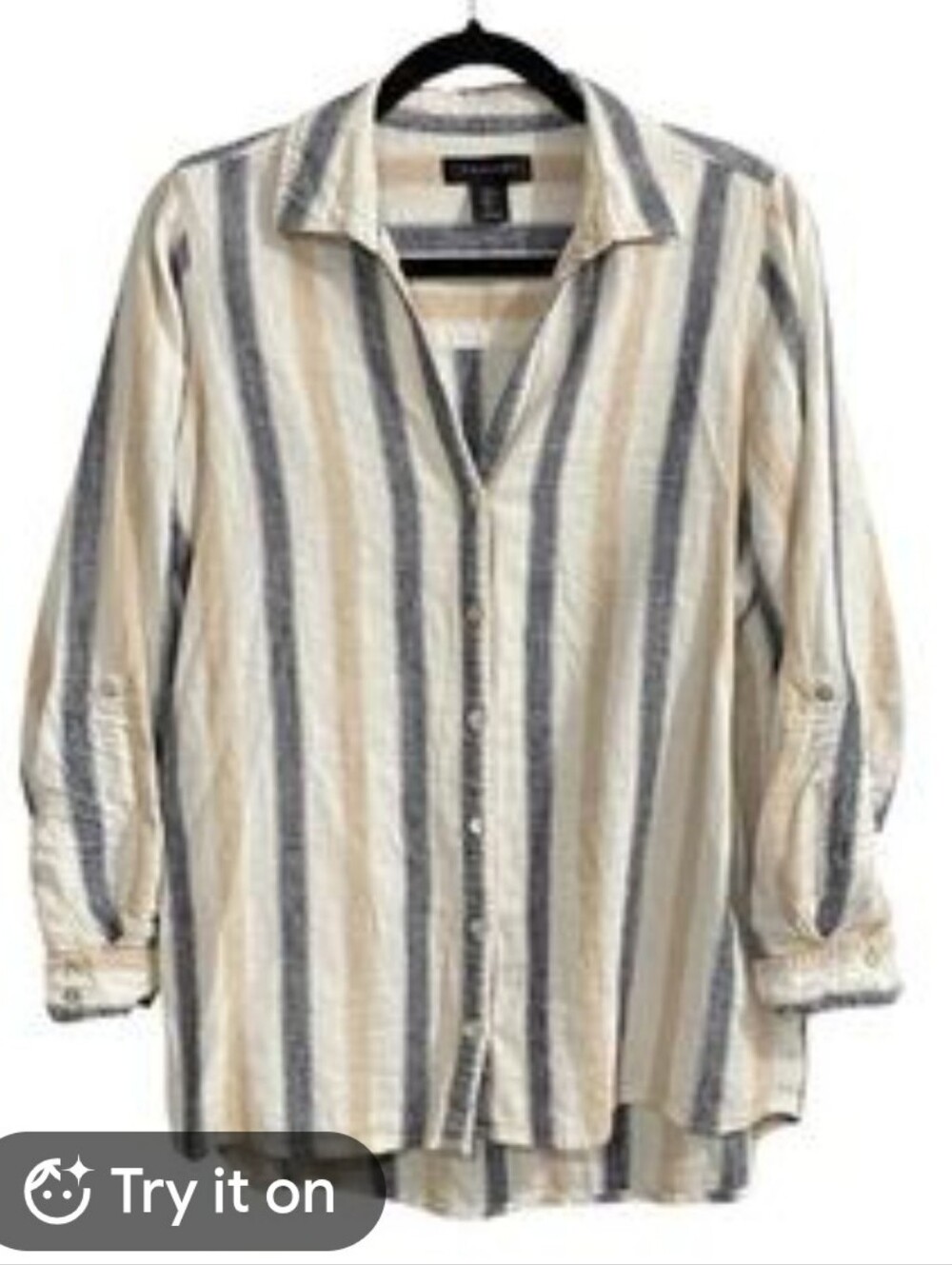 Tahari Striped Button-Down Shirt in Cream, Navy & Tan
